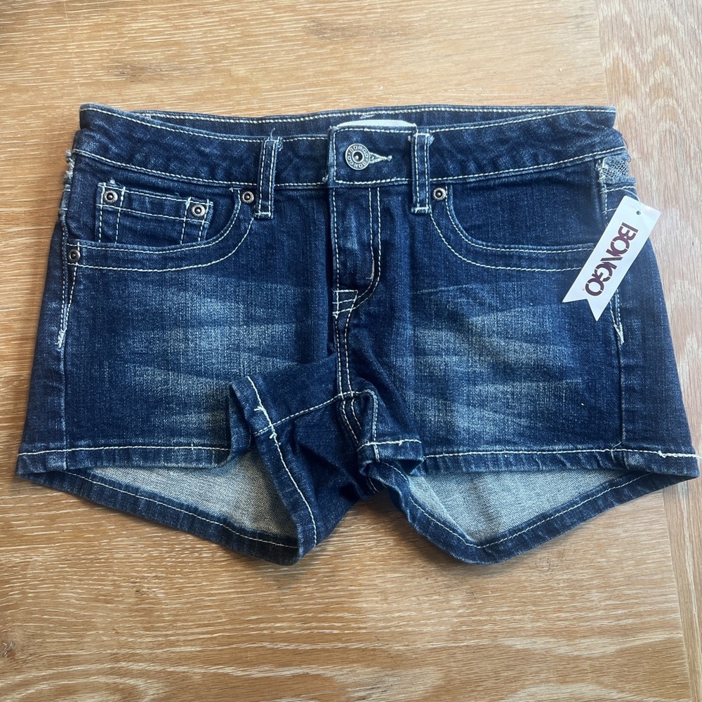 Vintage Y2K Bongo Low Rise Denim Jean Shorts Size 7 Blue Embellished Lace NEW